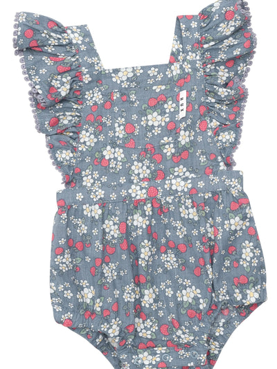 Huxbaby - Vintage Strawberry Frill Playsuit Dusty Blue - HB0146S24 Playsuit Huxbaby 