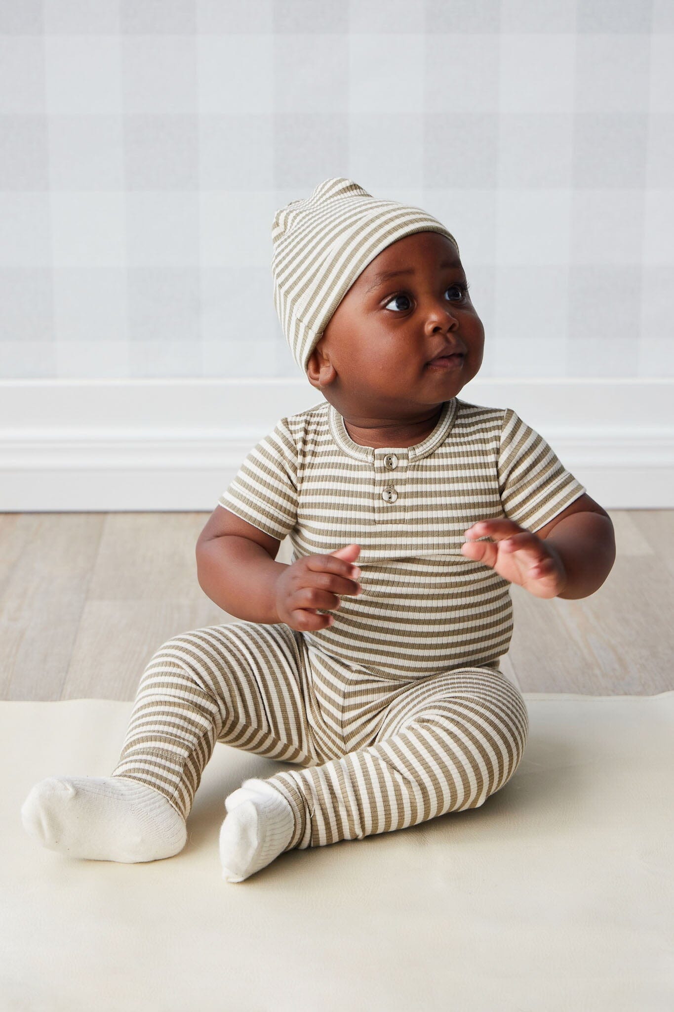 Jamie Kay Modal Darcy Rib Tee Bodysuit - Narrow Stripe Oak/Soft Clay - Organic Cotton Bodysuit Jamie Kay 