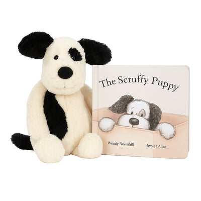Jellycat Bundle - The Scruffy Puppy Book and Bashful Black & Cream Puppy Original Bundle Jellycat 