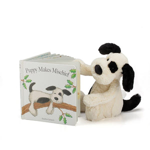 Jellycat - Puppy Makes Mischief Book & Bashful Black & Cream Puppy Medium