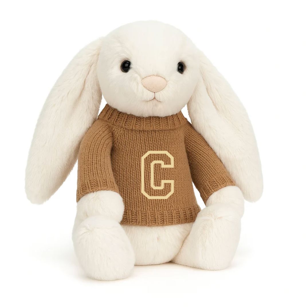 Knitted Jumper Biscuit - With Personalised Varsity Initial | Fits Medium Bashful Jellycat (JUMPER ONLY) Cherrie Baby Boutique 