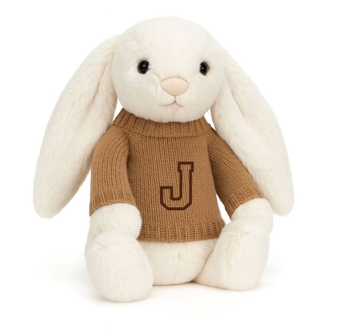 Knitted Jumper Biscuit - With Personalised Varsity Initial | Fits Medium Bashful Jellycat (JUMPER ONLY) Cherrie Baby Boutique 