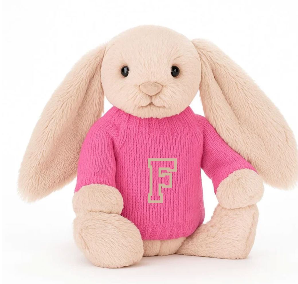 Knitted Jumper Candy Pink - With Personalised Varsity Initial | Fits Medium Bashful Jellycat (JUMPER ONLY) Cherrie Baby Boutique 