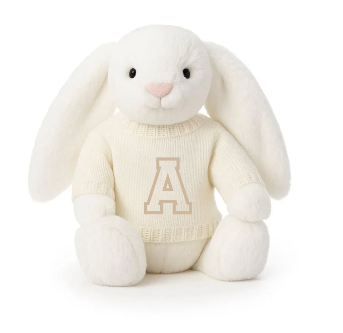 Knitted Jumper Cream - With Personalised Varsity Initial | Fits Medium Bashful Jellycat (JUMPER ONLY) Cherrie Baby Boutique 