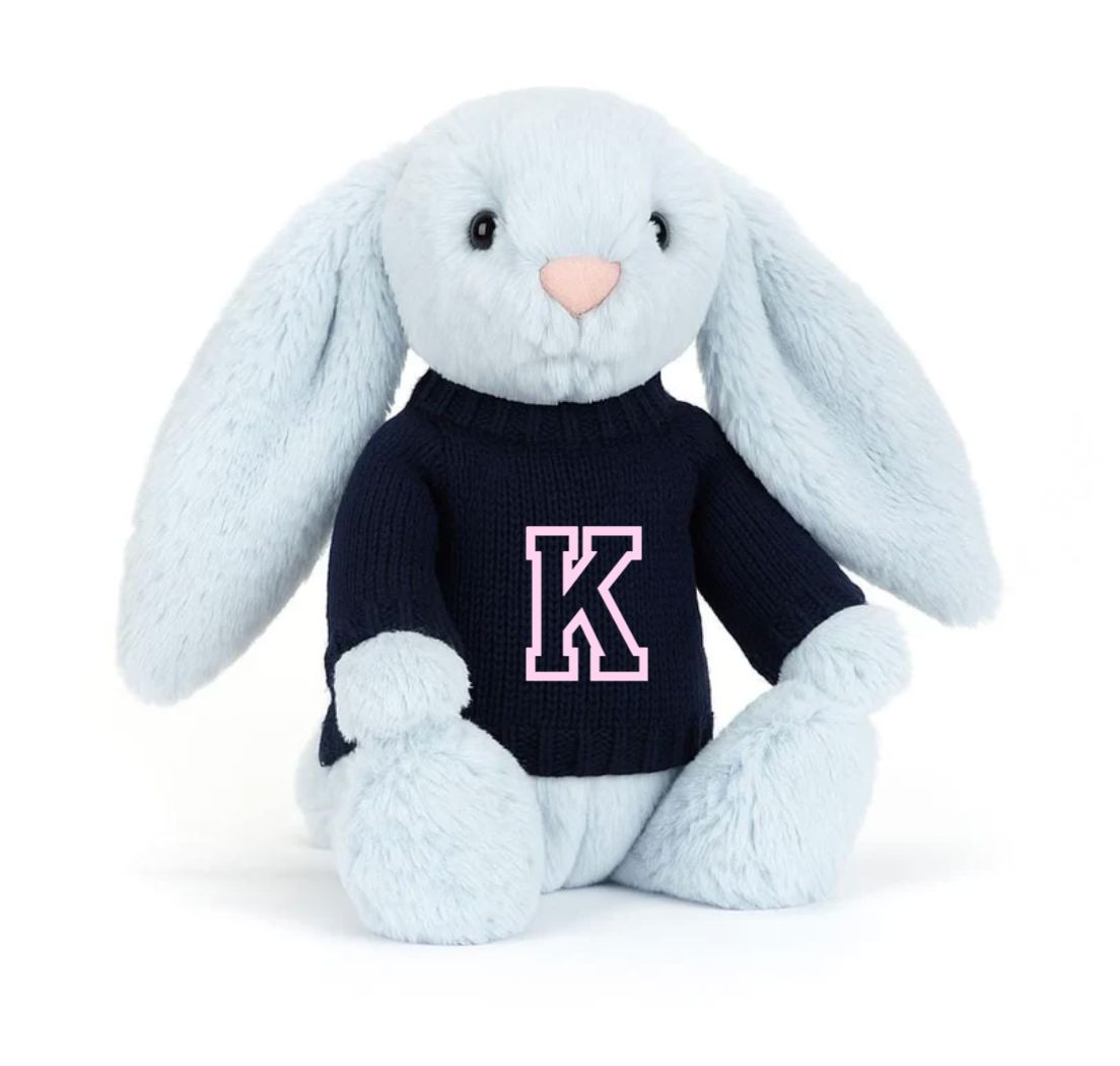 Knitted Jumper Navy - With Personalised Varsity Initial | Fits Medium Bashful Jellycat (JUMPER ONLY) Cherrie Baby Boutique 