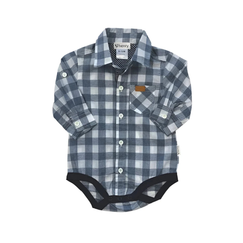 Love Henry - Baby Boys Oxford Shirt Romper | Large Blue Check Romper Love Henry 