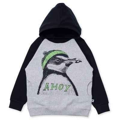 Minti Ahoy Penguin Furry Hood - Grey Marle/Black Hoodie Minti 