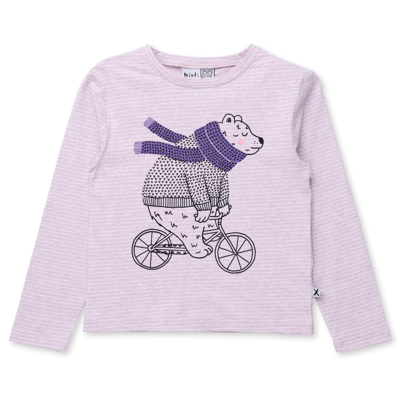Minti Biking Bear Tee - Lilac Marle Stripe Long Sleeve T-Shirt Minti 