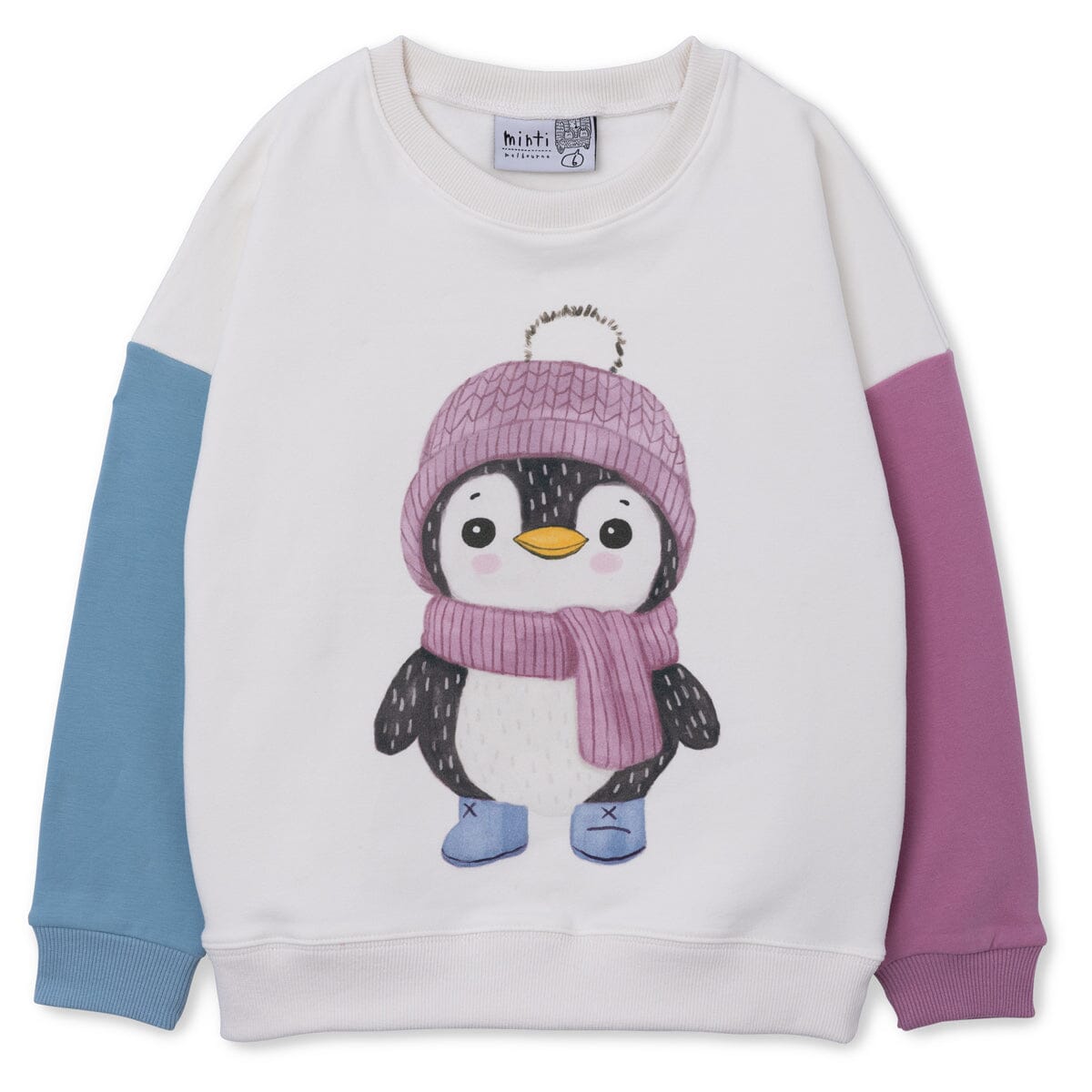 Minti Cosy Penguin Furry Crew - Cream/Aqua/Plum Jumper Minti 
