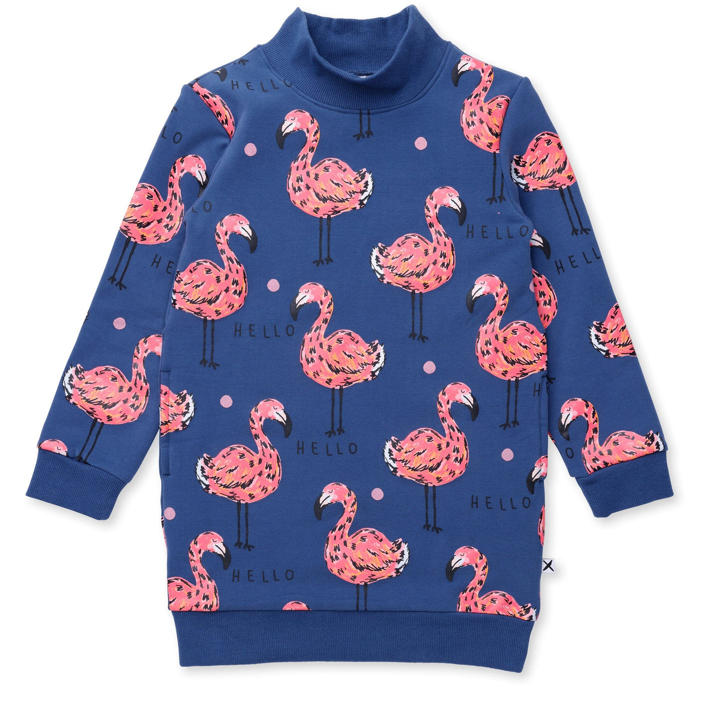 Minti Flamingo Party Furry Dress - Navy Long Sleeve Dress Minti 