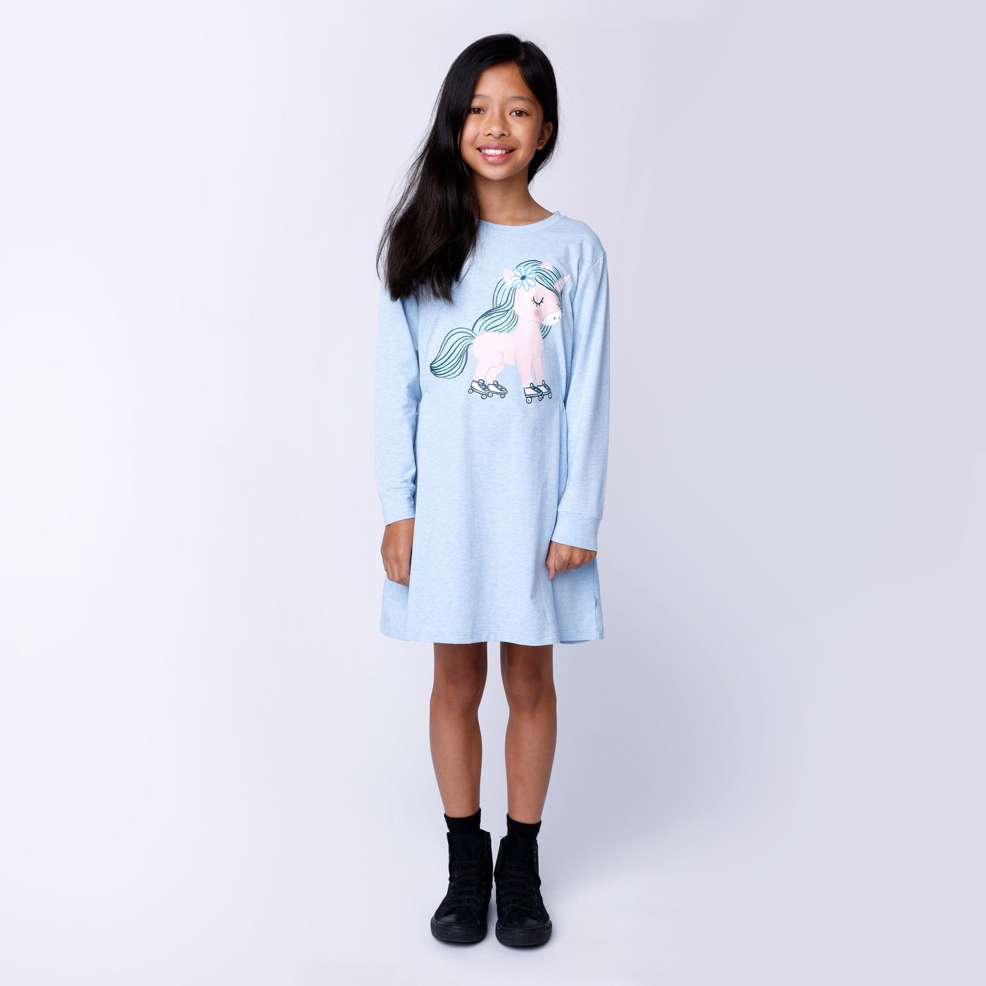 Minti Flower Unicorn Dress - Cornflower Marle Long Sleeve Dress Minti 