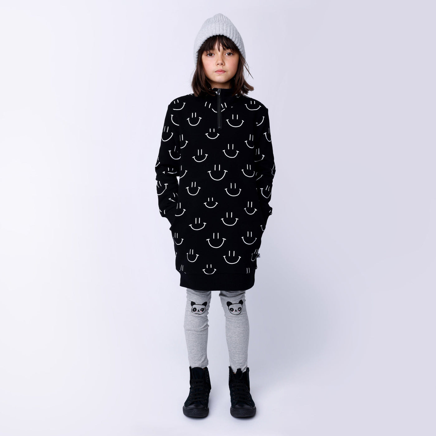 Minti Happy Face Furry Dress - Black Long Sleeve Dress Minti 
