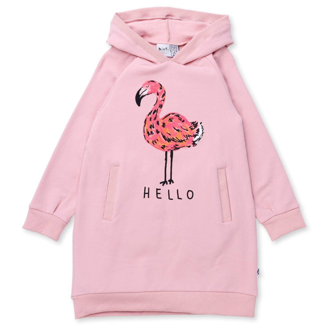 Minti Hello Flamingo Furry Hoodie Dress - Muted Pink Long Sleeve Dress Minti 