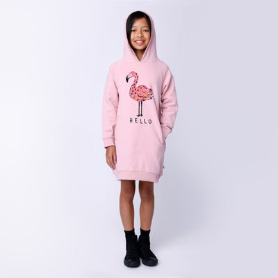 Minti Hello Flamingo Furry Hoodie Dress - Muted Pink Long Sleeve Dress Minti 