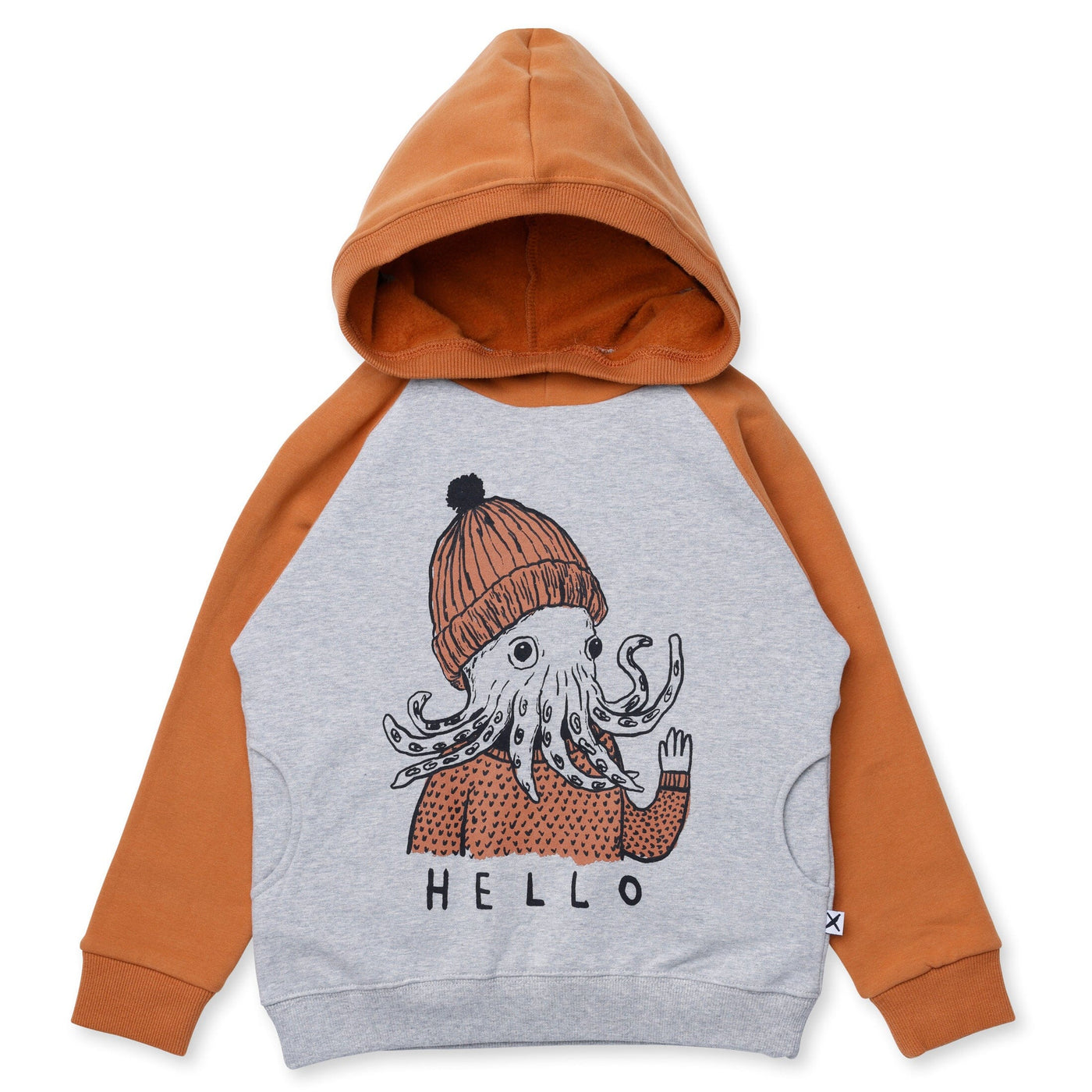 Minti Hello Octopus Furry Hood - Grey Marle/Burnt Orange Hoodie Minti 