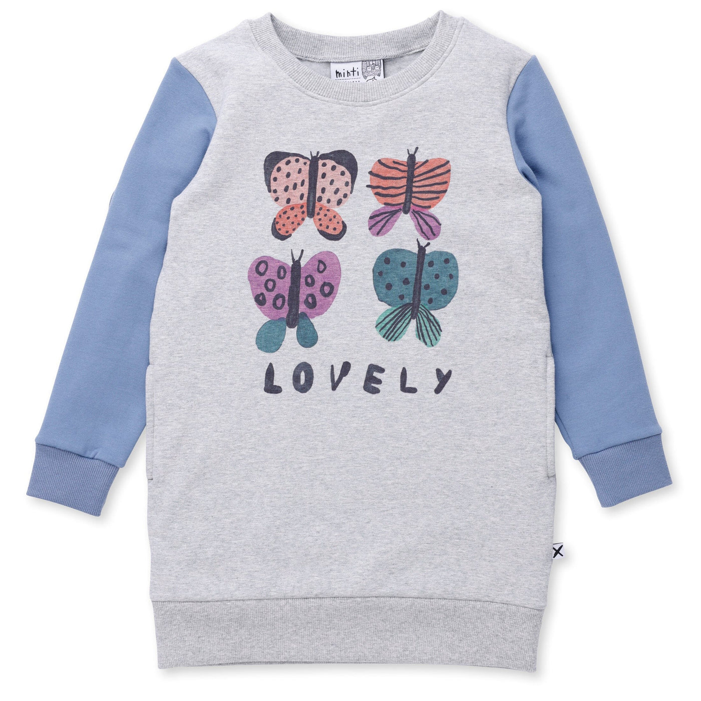 Minti Lovely Butterflies Furry Dress - Grey Marle/Blue Long Sleeve Dress Minti 