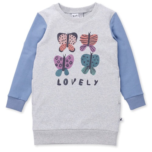 Minti Lovely Butterflies Furry Dress - Grey Marle/Blue