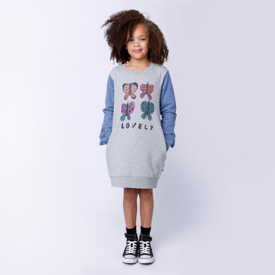 Minti Lovely Butterflies Furry Dress - Grey Marle/Blue Long Sleeve Dress Minti 