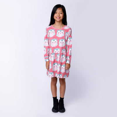 Minti Painted Owls Dress - Pink Long Sleeve Dress Minti 