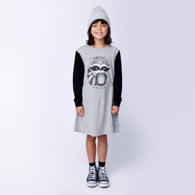 Minti Painted Raccoon Dress - Grey Marle/Black Long Sleeve Dress Minti 
