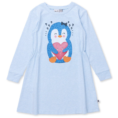 Minti Penguin Love Dress - Cornflower Marle Long Sleeve Dress Minti 