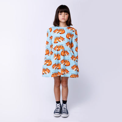 Minti Sleepy Tigers Dress - Aqua Long Sleeve Dress Minti 