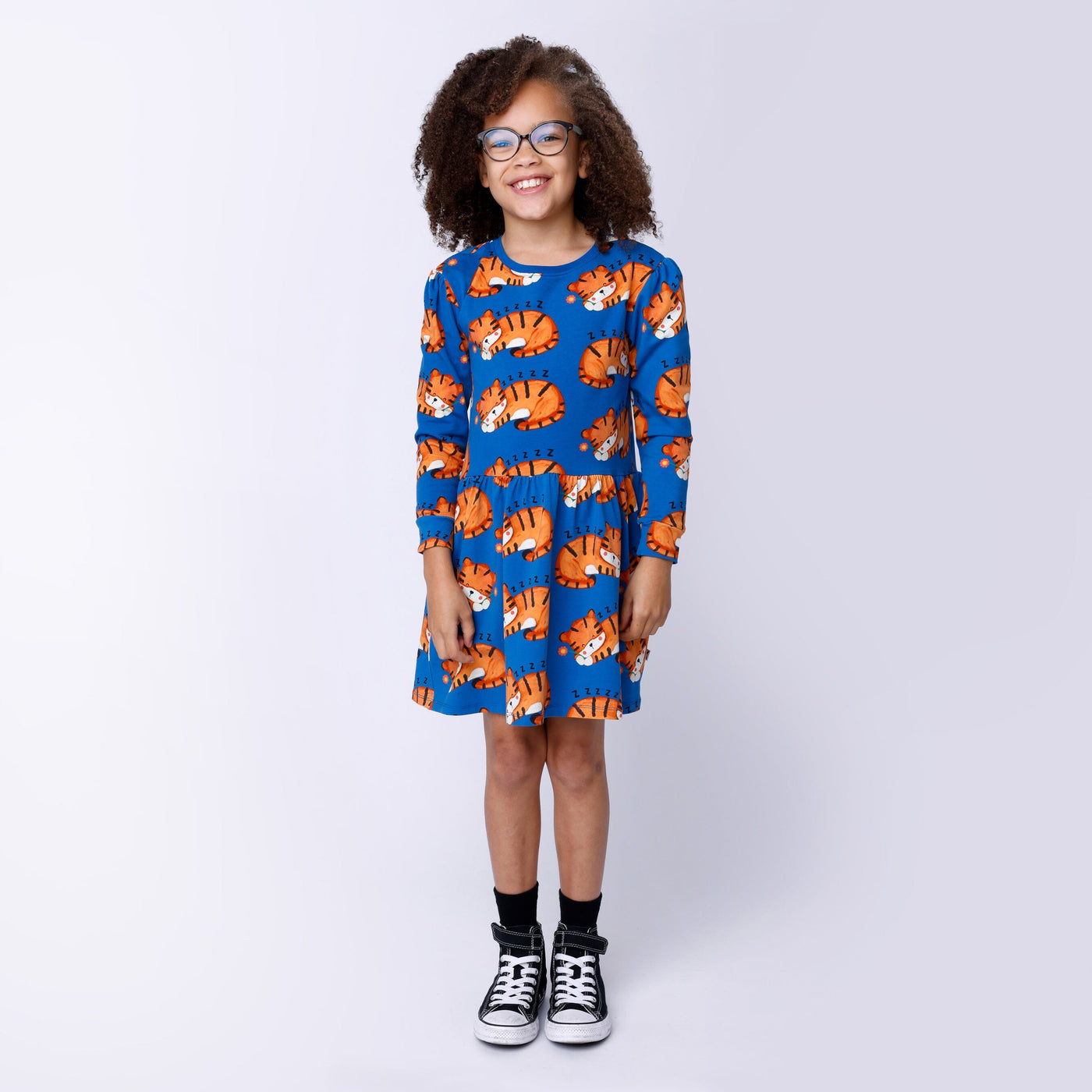 Minti Sleepy Tigers Dress - Dark Blue Long Sleeve Dress Minti 