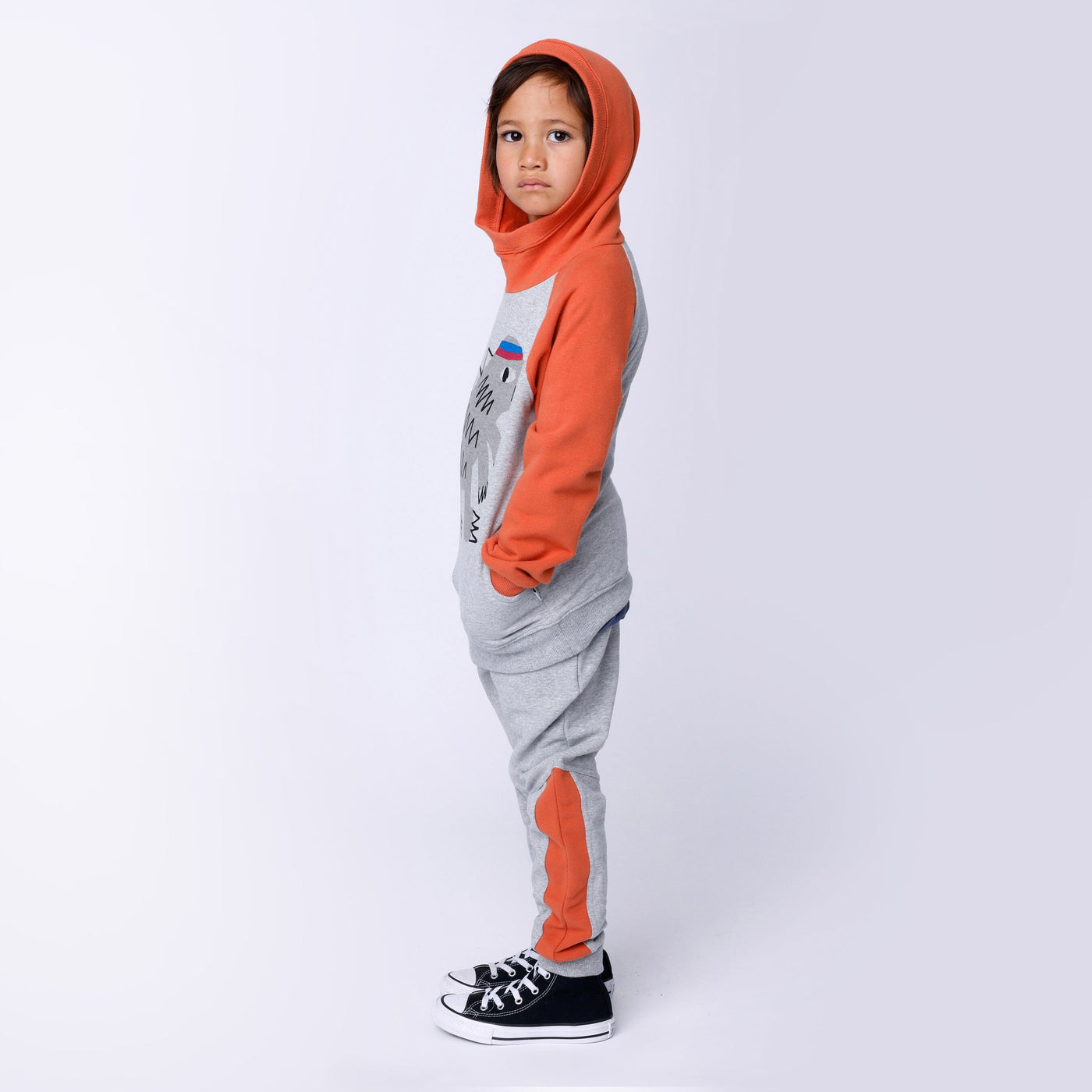 Minti Sporty Dino Furry Hood - Grey Marle/Orange Hoodie Minti 