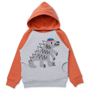 Minti Sporty Dino Furry Hood - Grey Marle/Orange