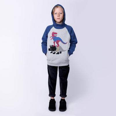 Minti Super Dinos Furry Hood - Grey Marle/Navy Hoodie Minti 