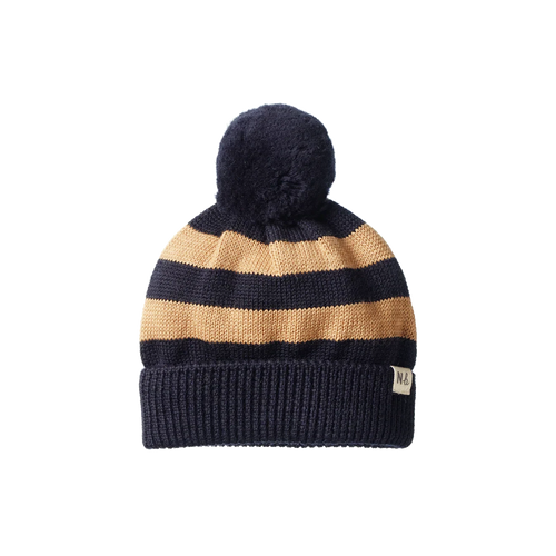Nature Baby - Pom Pom Beanie | Navy Caramel Stripe
