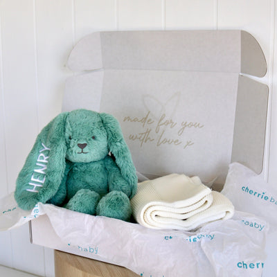 Newborn Gift Set - Seaside Snooze - Baby Blanket & Bunny with Optional Personalised Name Gift Hamper Cherrie Baby Boutique 
