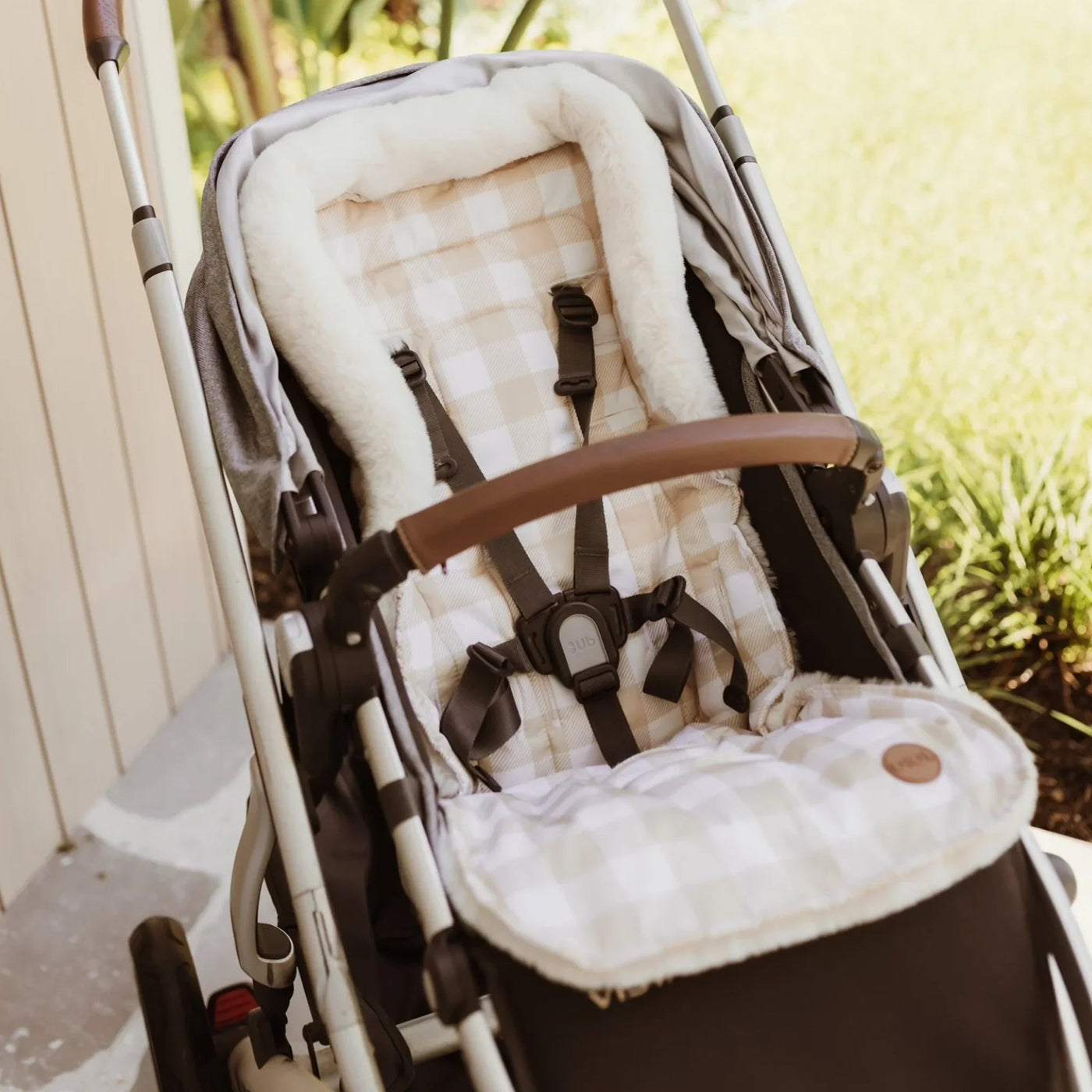 OiOi Cozy Fleece Pram Liner - Gingham Beige Pram Accessories OiOi 