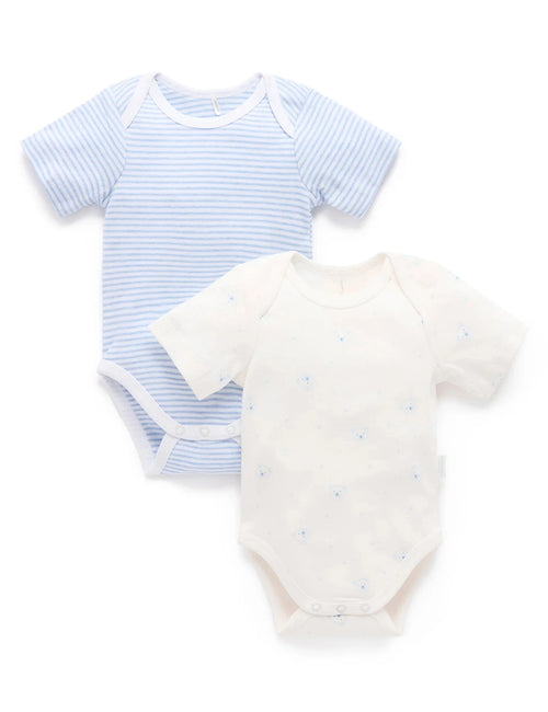 Purebaby - 2 Pack Easy Neck Short Sleeve Bodysuit | Pale Blue Bear