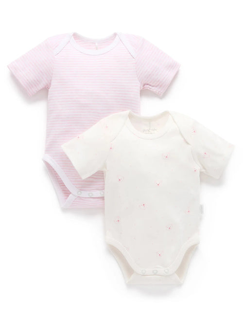 Purebaby - 2 Pack Easy Neck Short Sleeve Bodysuit | Pale Pink Bear