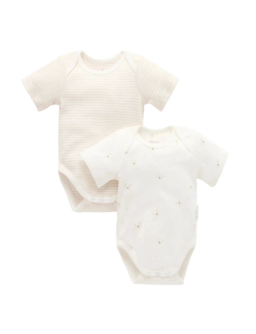 Purebaby - 2 Pack Easy Neck Short Sleeve Bodysuit | Vanilla Bear