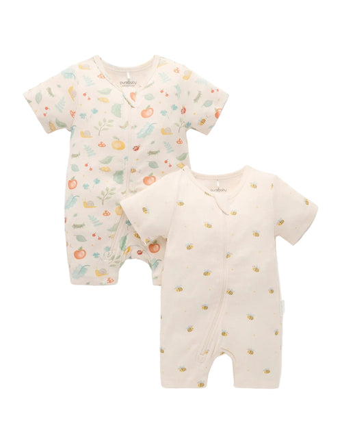 Purebaby - 2 Pack Short Sleeve Digital Growsuit | Garden Fun Print