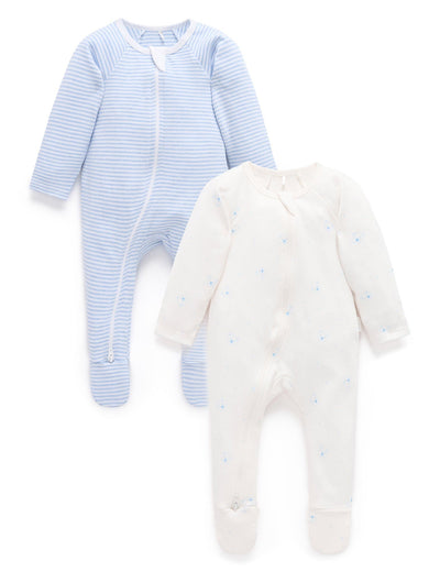 Purebaby - 2 Pack Zip Growsuit | Pale Blue Bear Growsuit Purebaby 