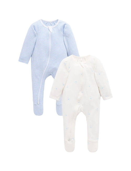 Purebaby - 2 Pack Zip Growsuit | Pale Blue Bear