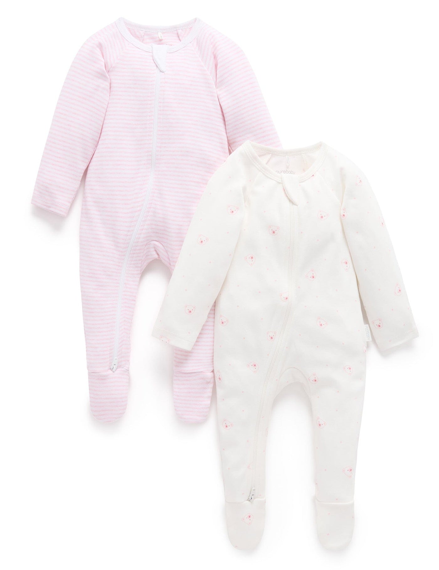 Purebaby - 2 Pack Zip Growsuit | Pale Pink Bear Growsuit Purebaby 