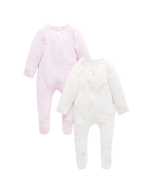 Purebaby - 2 Pack Zip Growsuit | Pale Pink Bear