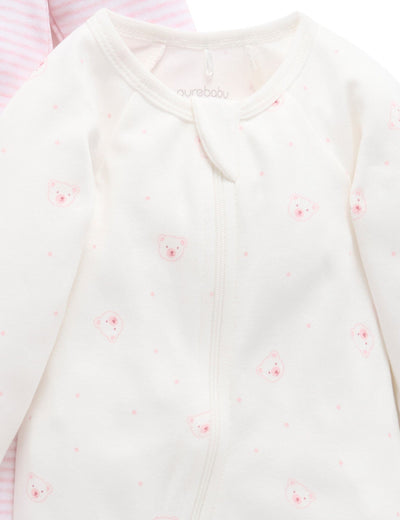 Purebaby - 2 Pack Zip Growsuit | Pale Pink Bear Growsuit Purebaby 