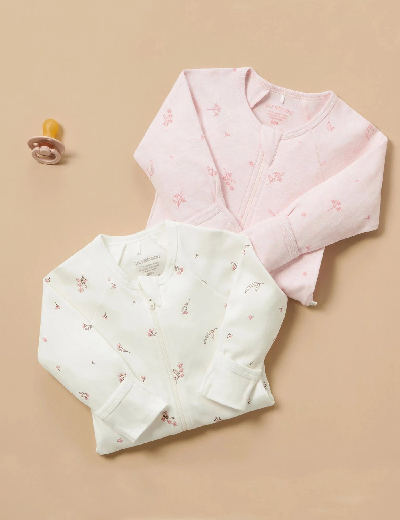 Purebaby - 2 Pack Zip Growsuit - Pale Pink Blossom Growsuit Purebaby 