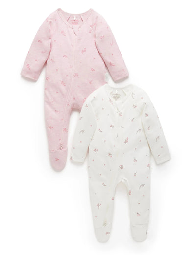 Purebaby - 2 Pack Zip Growsuit - Pale Pink Blossom Growsuit Purebaby 