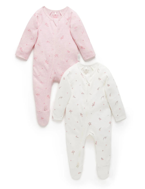 Purebaby - 2 Pack Zip Growsuit | Pale Pink Blossom