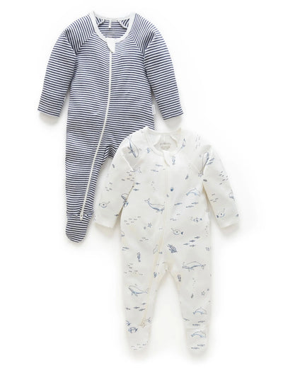 Purebaby - 2 Pack Zip Growsuit - Vanilla Nautical Growsuit Purebaby 