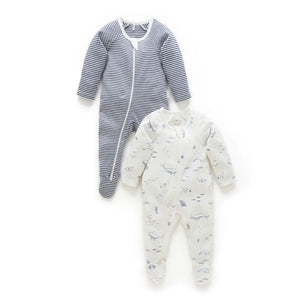 Purebaby - 2 Pack Zip Growsuit | Vanilla Nautical