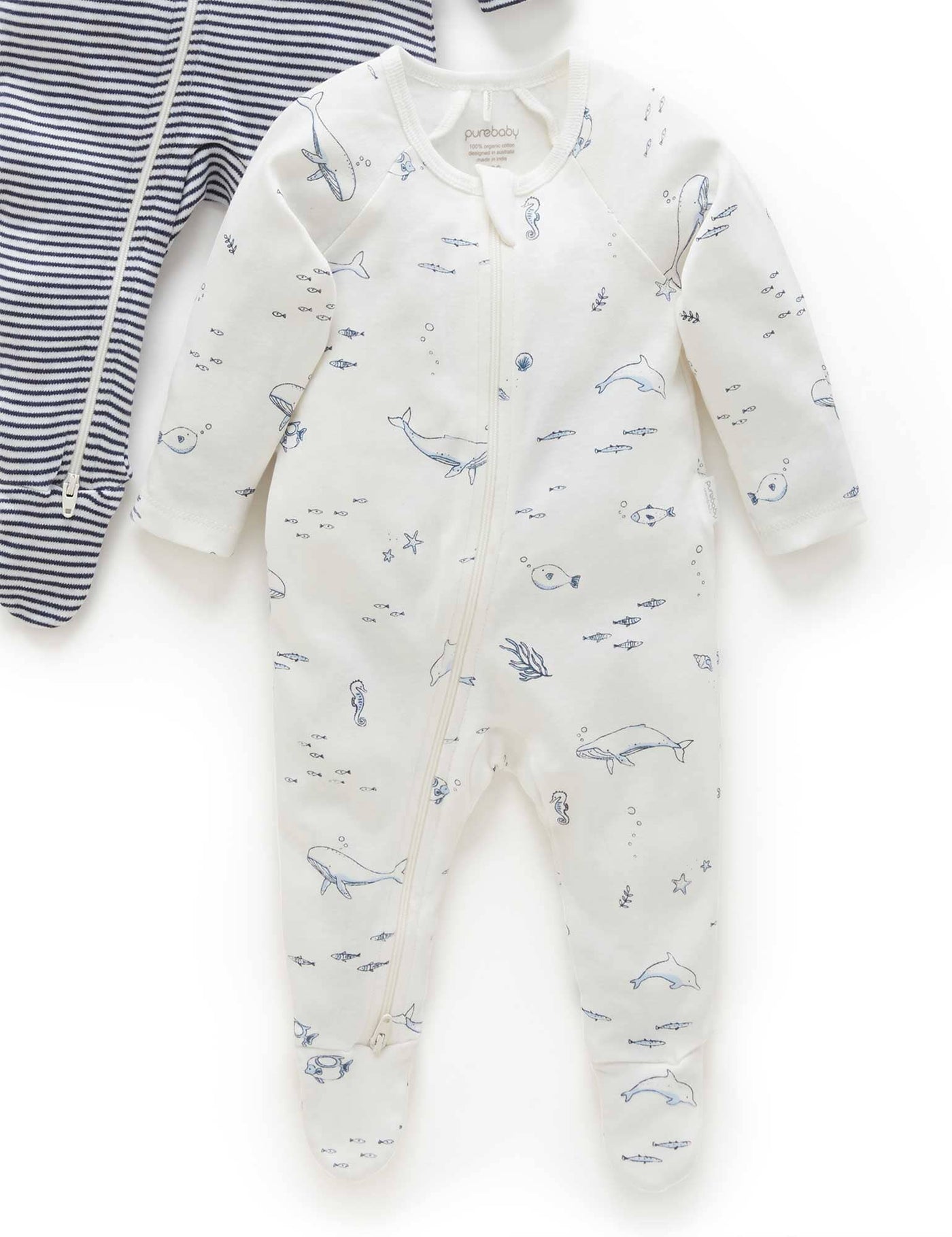 Purebaby - 2 Pack Zip Growsuit - Vanilla Nautical Growsuit Purebaby 