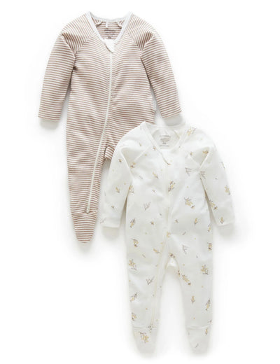 Purebaby - 2 Pack Zip Growsuit - Vanilla Wattle Bee Growsuit Purebaby 