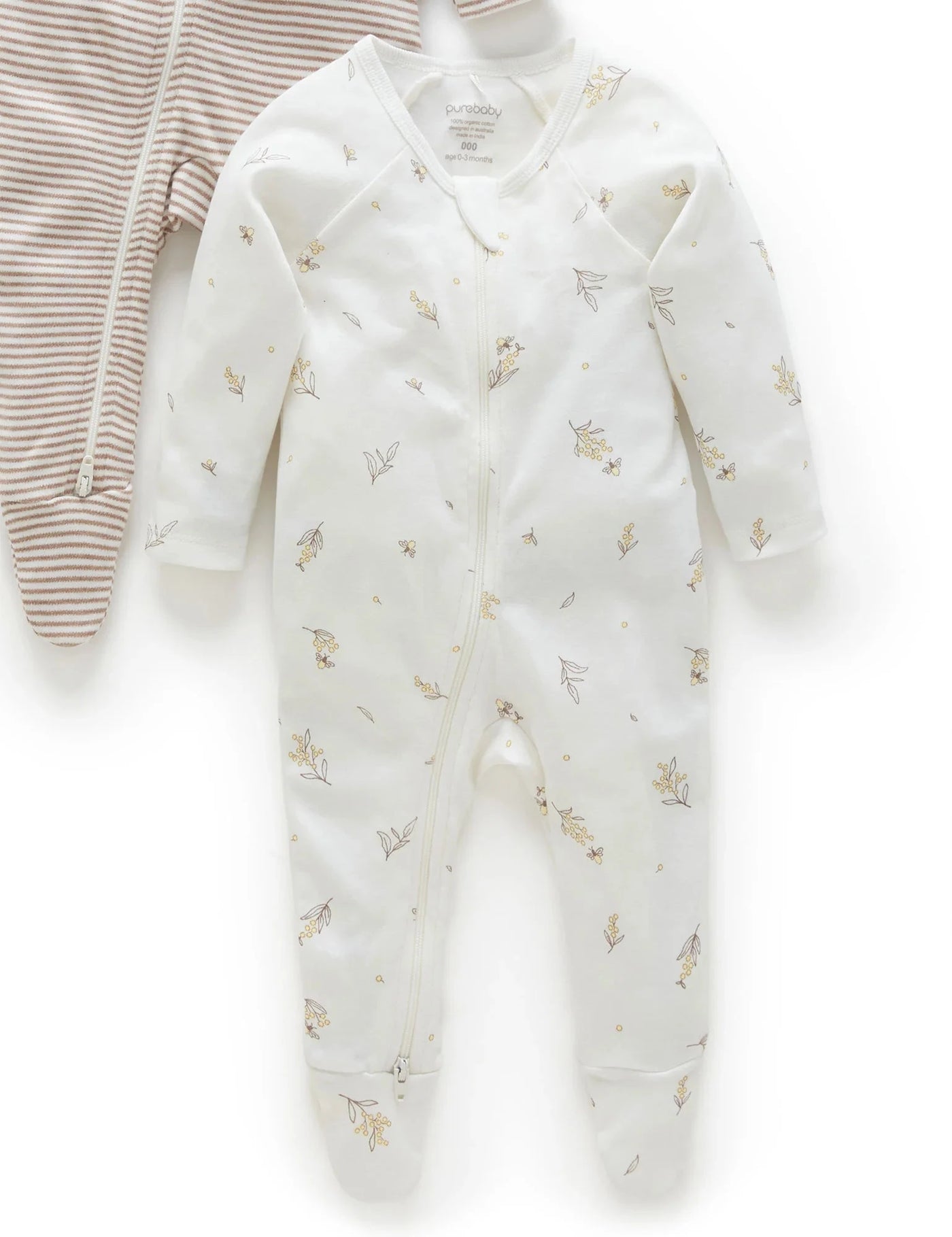 Purebaby - 2 Pack Zip Growsuit - Vanilla Wattle Bee Growsuit Purebaby 